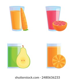 Natural juice icons set cartoon vector. Fresh fruit and vegetable juice. Healthy natural drink
