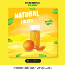 Natural juices, social media promotion template. Advertising, advertising banner, product marketing. EPS 10.