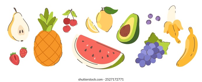 Piña jugosa natural, conjunto de alimentos de frutas de plátano. Uvas maduras, limón, fresas, pera, aguacate, cereza, sandía, ingredientes del postre. Saludable sabrosa cosecha de alimentos veganos crudos Ilustración vectorial plana