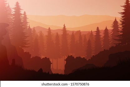 Natural jungle pine forest mountains horizon Landscape wallpaper Sunrise and sunset Illustration vector On cartoons style Colorful view background
