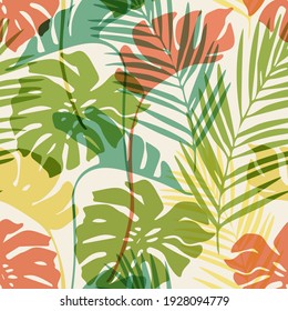 Natural Jungle Seamless Pattern. Hand Drawn Abstract Tropical Summer Background: Colorful Palm Leaf, Monstera Leaves Silhouettes. Vector Illustration In Fresh Gradient Color Hand Drawn Tropics Design