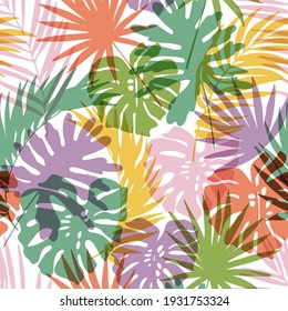 Natural jungle seamless pattern. Hand drawn abstract tropical summer background: colorful palm leaf, monstera leaves silhouettes. Vector illustration in pastel gradient color Hand drawn tropics design