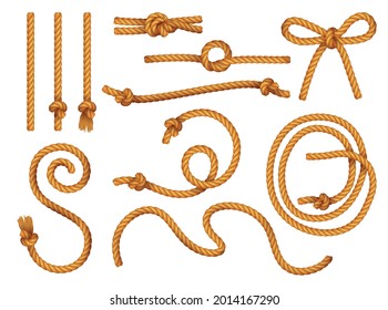 Cordón de cordón de yute natural cordón de cuerda piezas rectas curvadas realista set con clove hitch bowline fisherman nudos ilustración vectorial 