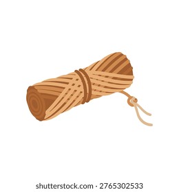 Natural jute rope roll with tied knot. craft fiber twine cord for handmade packaging and DIY projects. rustic string bundle on white background. Flat vector illustration.