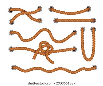 Cordones naturales de yute o seda roscados a través de agujeros metálicos colección realista aislados en ilustración vectorial de fondo blanco