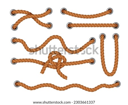 Natural jute or silk cords threaded through metal holes realistic collection isolated at white background vector illustration