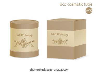 Natural kraft paper cosmetic tube with package box isolated on white. Pretty design. Vector