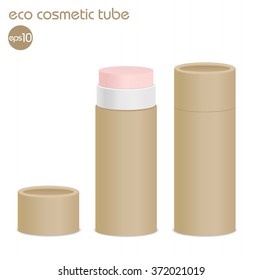 Natural kraft paper cosmetic tube isolated on white. Open lip balm package. Vector