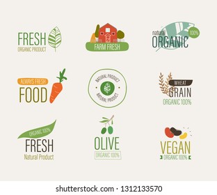 natural label and fresh organic banner. agriculture mark logo farm sticker brush paint design.