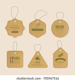 natural label and organic brown tag on cord. vintage kraft paper and badge design.