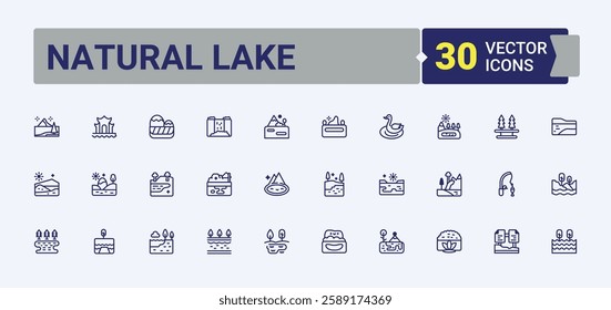 Natural Lake icons set in linear style. Featuring park, lake, environment, graphic, agriculture, mill, mountain and more. Flat icon. Solid line editable stroke. Vector line and solid icons.