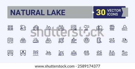 Natural Lake icons set in linear style. Featuring park, lake, environment, graphic, agriculture, mill, mountain and more. Flat icon. Solid line editable stroke. Vector line and solid icons.