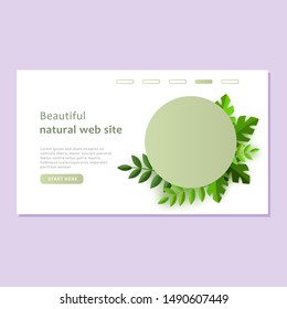 Natural landing page template. Green plants around the circle on a web site template. Vector illustration in a paper style on grey background.