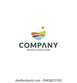 Natural landscape abstract logo with elements of land, water, plants and sun.