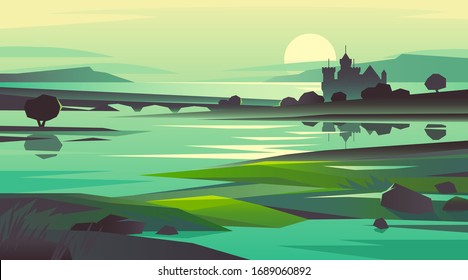 Natural landscape with antique castle in shades of green