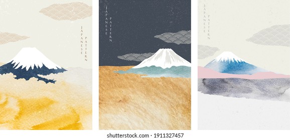 Natural landscape art background with Japanese pattern vector. Fuji mountain illustration in vintage style.