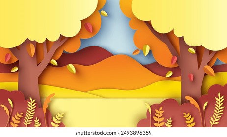 Paisaje natural del bosque de otoño. Hermosos árboles coloridos y hojas en otoño. corte de papel y estilo artesanal. Vector, ilustración.