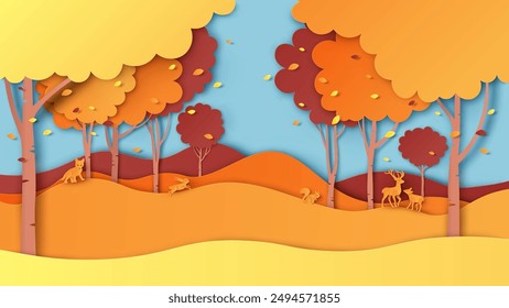 Paisaje natural del bosque de otoño con animales salvajes. Paisaje otoñal. corte de papel y estilo artesanal. Vector, ilustración.