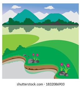 natural landscape background, colorful illustration, flat design, vector
