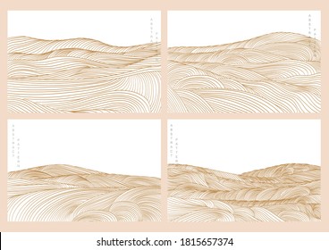 Natural landscape background with gold Japanese wave pattern vector.Mountain forest with abstract template. Banner design.