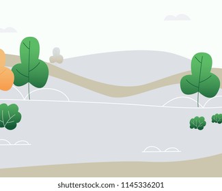 Natural landscape background with green trees on grey and clounds in sky with space for text. Summer countryside scenery, outdoor backdrop template. Vector illustration