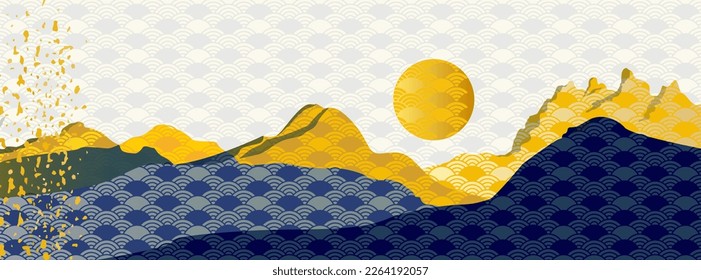 Natural Landscape background Japanese, Chinese seamless pattern line wave pattern vector. Geometric template in traditional of Japan. Mountain in Asian poster design. Abstract arts.