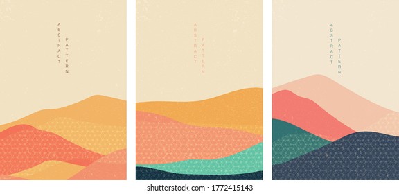 Natural landscape background with Japanese pattern vector. Abstract template with geometric elements. Mountain wallpaper.