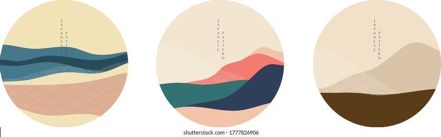 Natural Landscape background with Japanese pattern vector. Geometric template in traditional of Japan. Mountain in Asian poster design. Abstract arts. Logo design.