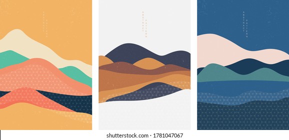 Natural Landscape background with Japanese pattern vector. Geometric template in traditional of Japan. Mountain in Asian poster design. Abstract arts.