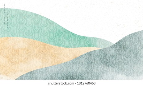 Natural landscape background with Japanese pattern vector. Mountain forest template with watercolor texture. Abstract arts wallpaper.