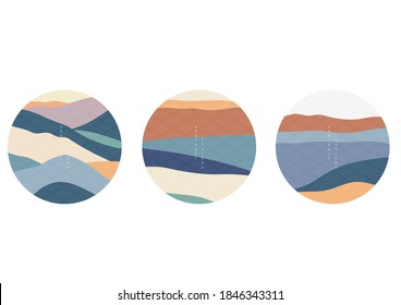 Natural Landscape background with Japanese pattern vector. Geometric template in traditional of Japan. Abstract art in Asian poster design. Logo and icon design.