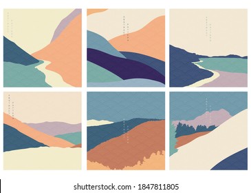 Natural Landscape background with Japanese pattern vector. Geometric template in traditional of Japan. Abstract art in Asian poster design.