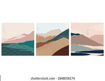 Natural Landscape background with Japanese pattern vector. Geometric template in traditional of Japan. Abstract art in Asian banner design. 