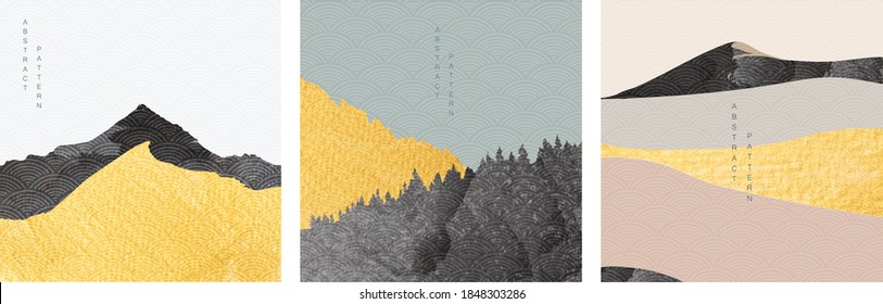 Natural landscape background with Japanese pattern vector. Mountain forest template with brush stroke elements. Abstract wide wallpaper.