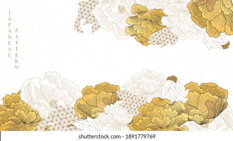 Natural landscape background with Japanese pattern vector. Peony flower template with gold texture. Chinese arts wide wallpaper in vintage style.