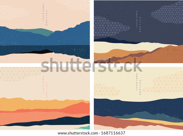 landscape background with Japanese pattern vector. Mountain forest template with geometric elements. Abstract arts.