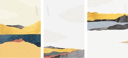 Natürlicher Landschaftshintergrund Mit Japanischem Wellenmuster-Vektorgrafik. Bergwaldvorlage Mit Goldener Textur. Abstrakte Kunsthintergründe.