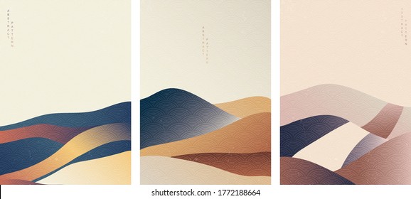 Natural landscape background with Japanese wave pattern vector. Mountain template in vintage style.