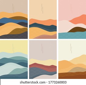 Natural landscape background with Japanese wave pattern vector. Mountain template in vintage style.