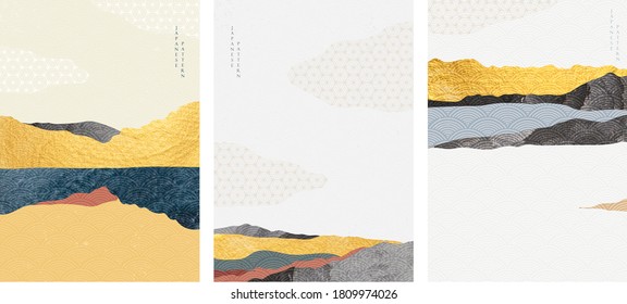 Natural landscape background with Japanese wave pattern vector. Mountain forest template with gold texture. Abstract arts wallpaper.