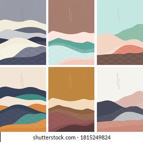 Natural landscape background with Japanese wave pattern vector. Mountain landscape template with geometric element.