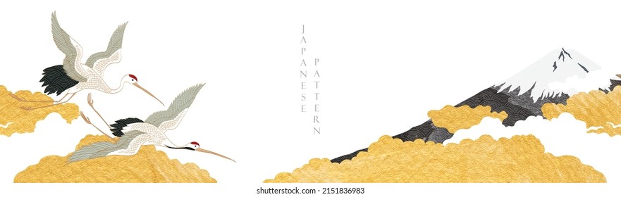 Natural landscape background with Japanese wave pattern vector. Crane birds element and Gold  foil and black watercolor texture template. Fuji mountain banner.