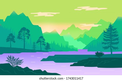 Natural landscape background with mountains, clear sky and clouds, the river flows along the forest shores. A mountain river descends from the peaks and flows through a rocky valley. Beautiful nature