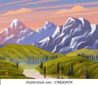 Natural landscape background with mountains, clear sky and clouds, the river flows along the forest shores. A mountain river descends from the peaks and flows through a rocky valley. Beautiful nature