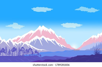El paisaje natural de fondo con montañas, cielo claro y nubes, bosque en las colinas frente a las montañas. El sol brillante ilumina las cumbres nevadas de las montañas. Bonito panorama natural