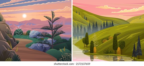 Natural landscape background with mountains at down, clear sky and clouds, river flows along winding road. Mountain river descends from peaks and flows through rocky valley. Beautiful nature scenery