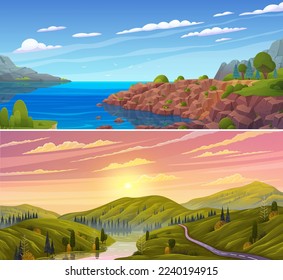 Natural landscape background with mountains at down, clear sky and clouds, river flows along winding road. Mountain river descends from peaks and flows through rocky valley. Beautiful nature scenery