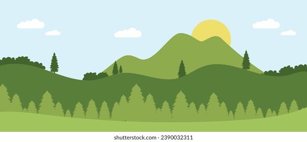 natural landscape background and sun over hills with clouds and pine trees
