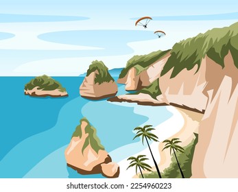 Natural landscape of beaches and hills in Nusapenida Bali flat design vectors and illustrations