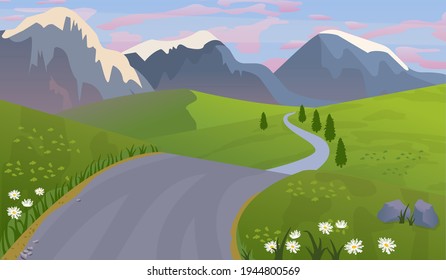 Natural landscape with blue sky,mountains on the horizon  background,green and flowery meadows and the road to the mountains.Cartoon flat panorama of spring, summer nature at daytime..Vector illustrat